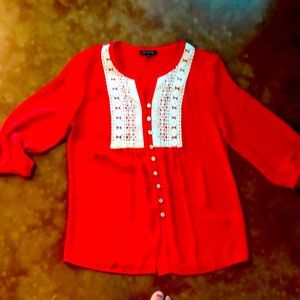 Orange w/lace rayon shirt 3/4 length sleeves